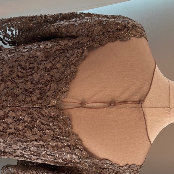 Elegant Lace Evening Gown by Rickie Freeman Teri John Size 16 Color Taupe - Picture 4 of 9